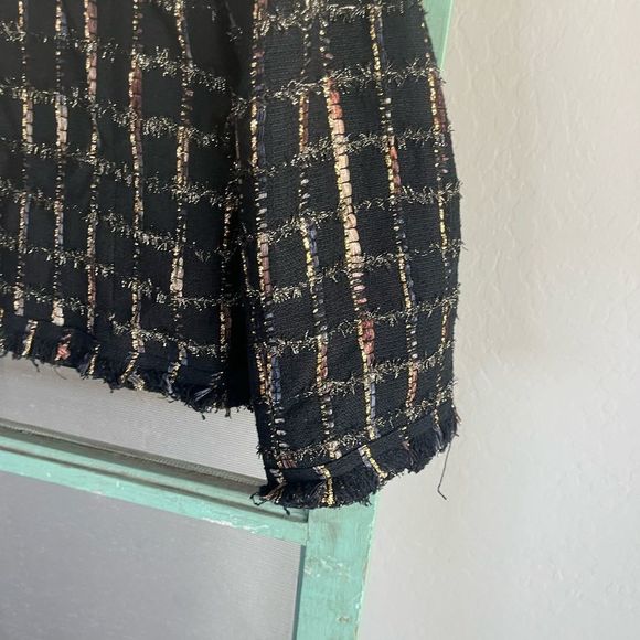 Alice + Olivia Black Tweed Frayed Metallic Detail Button Down Blazer Jacket Lg - Picture 4 of 8
